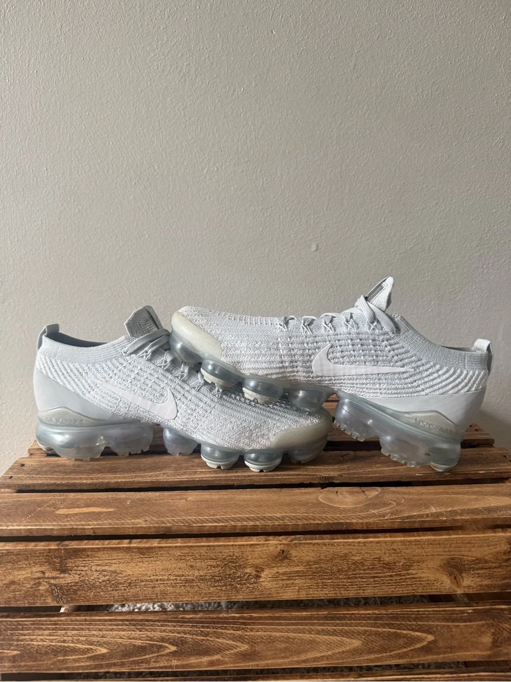 Nike Women’s White and Light Gray VaporMax Flyknit Sneakers